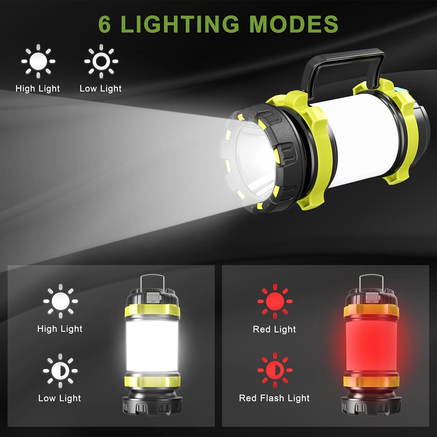 Alpswolf Camping Lantern Rechargeable, 4000mAh Camping Flashlight 6 Modes LED Lantern Portable Rechargeable Lanterns for Power Outage, Emergencies Light for Hiking, Green, 2 Packs - Image 5