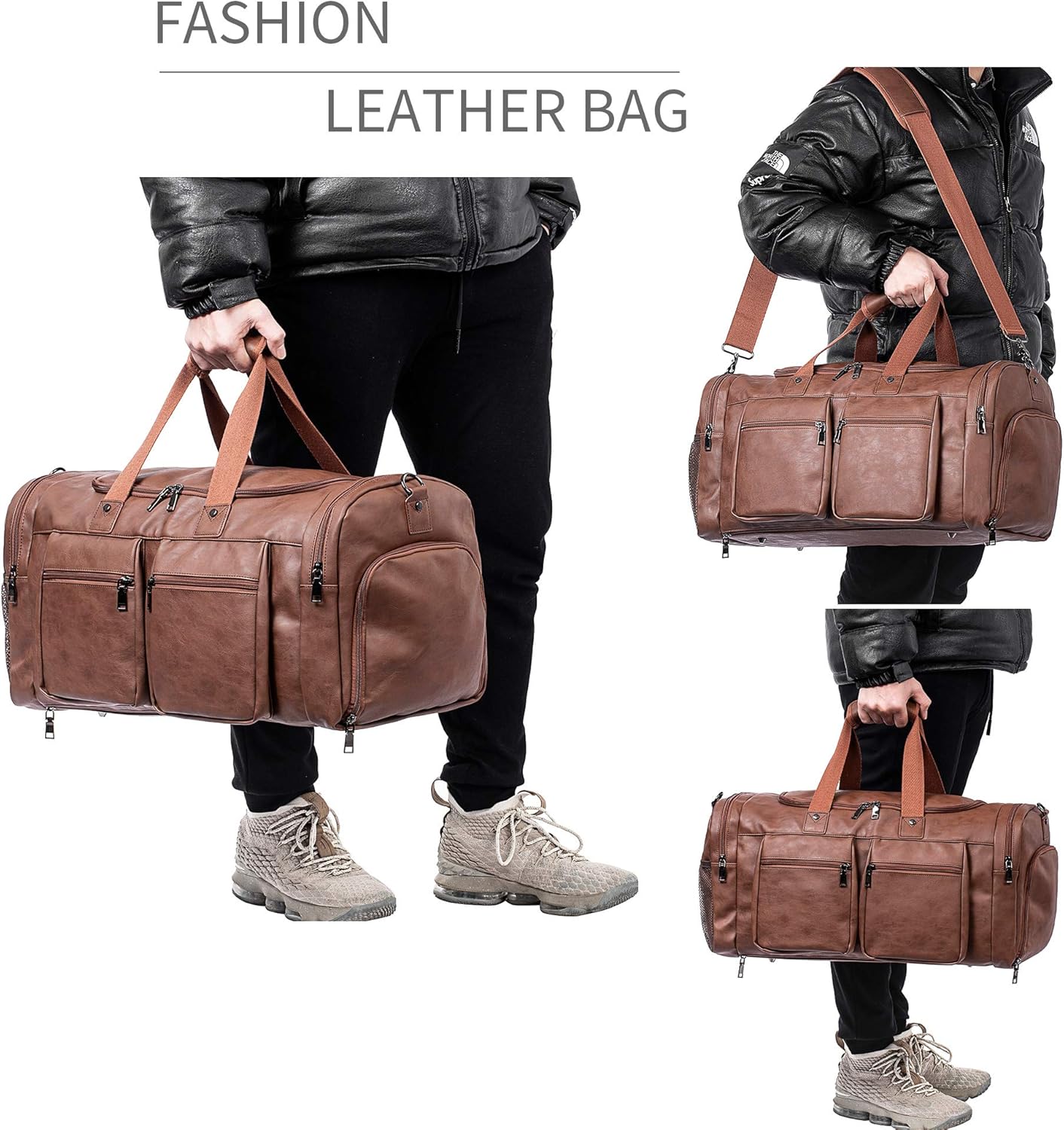 Leather Travel Bag with Shoe Pouch,Weekender Overnight Bag Waterproof Leather Large Carry On Bag Travel Tote Duffel Bag for Men or Women-Brown - Image 6
