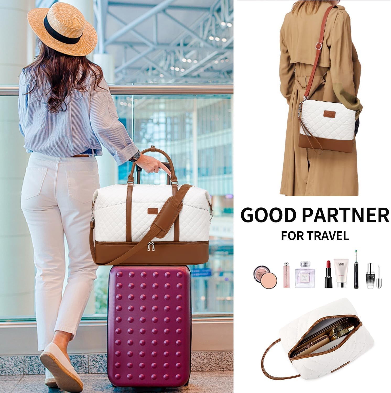 Travel Bag for Women: 21" Large Weekender Bags for Women with Shoe Compartment & Toiletry Bags, 3PCS Overnight Duffel Tote for Carry on Weekend Travel Business Trip Airplane Traveling, Gym - Image 2